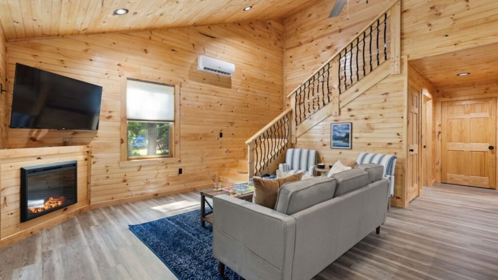Natural wood walls and ceilings in a finished cottage living room